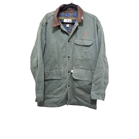 Barn Girl Farm Clothes Green Canvas Jacket Leather Collar Size S Plaid Lining Em - Picture 1 of 8